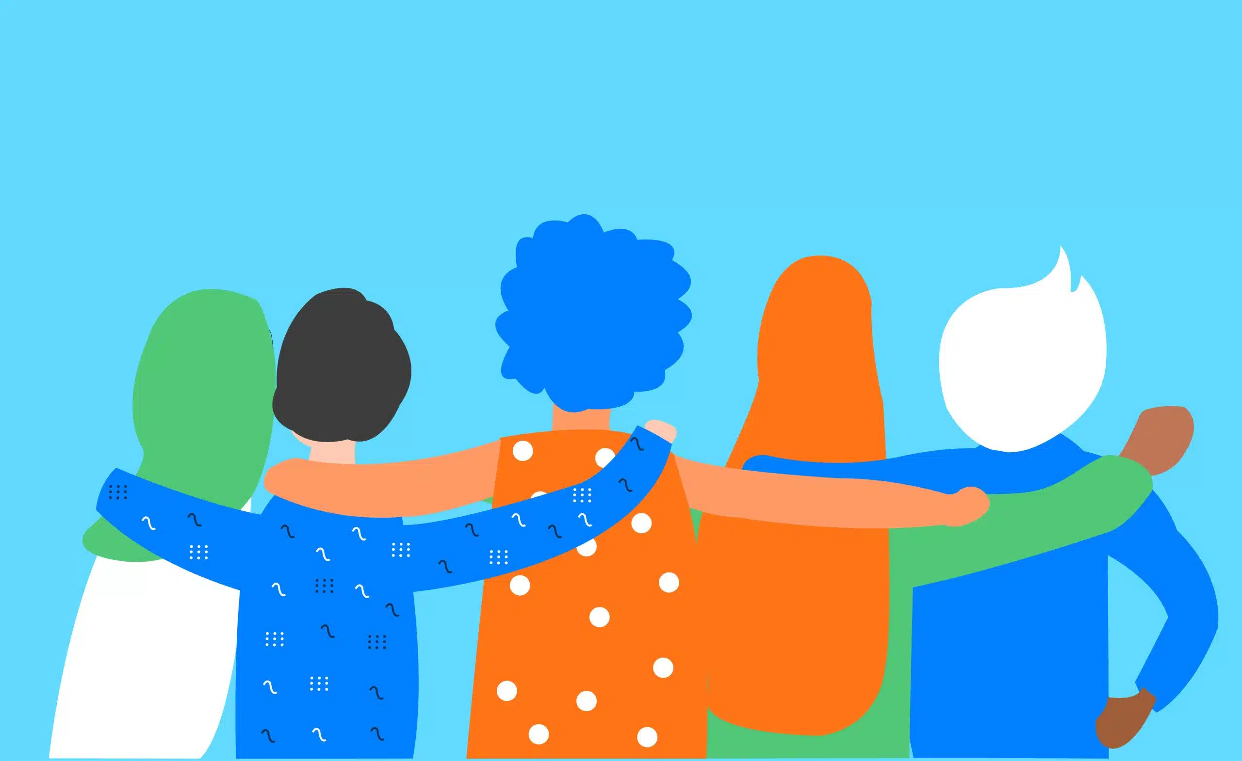 Flat illustration about friendship, bond, diversity, inclusion and togetherness without any difference. Some teenager boy and girls back side is seen, each of them put their hand in others shoulder. Five peers with their arms around each other facing away from the viewer.