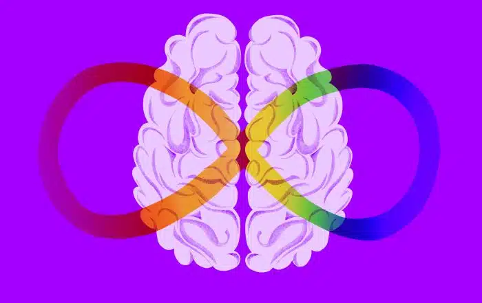 Illustration of a brain intertwined with the ADHD infinite rainbow symbol