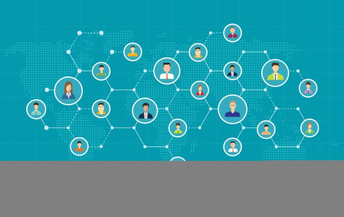 Network of cells featuring various human figures in circular frames