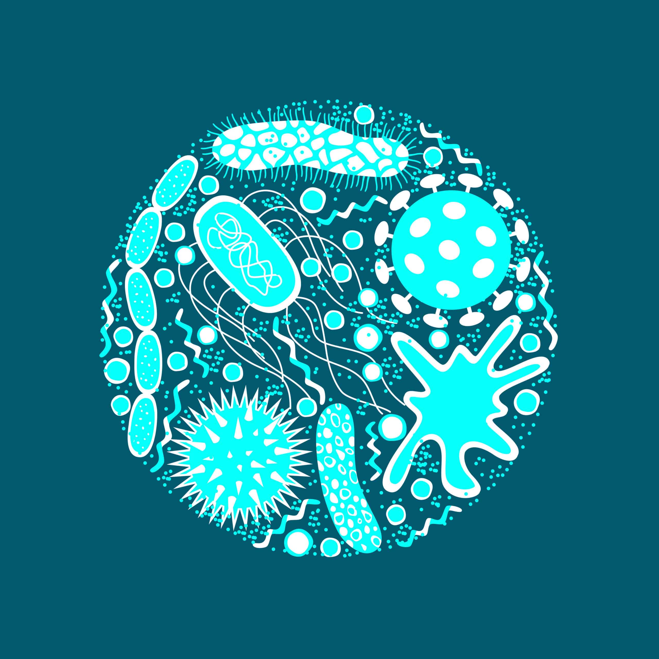 Germs and bacteria icons set isolated on blue background. Germs and bacteria
