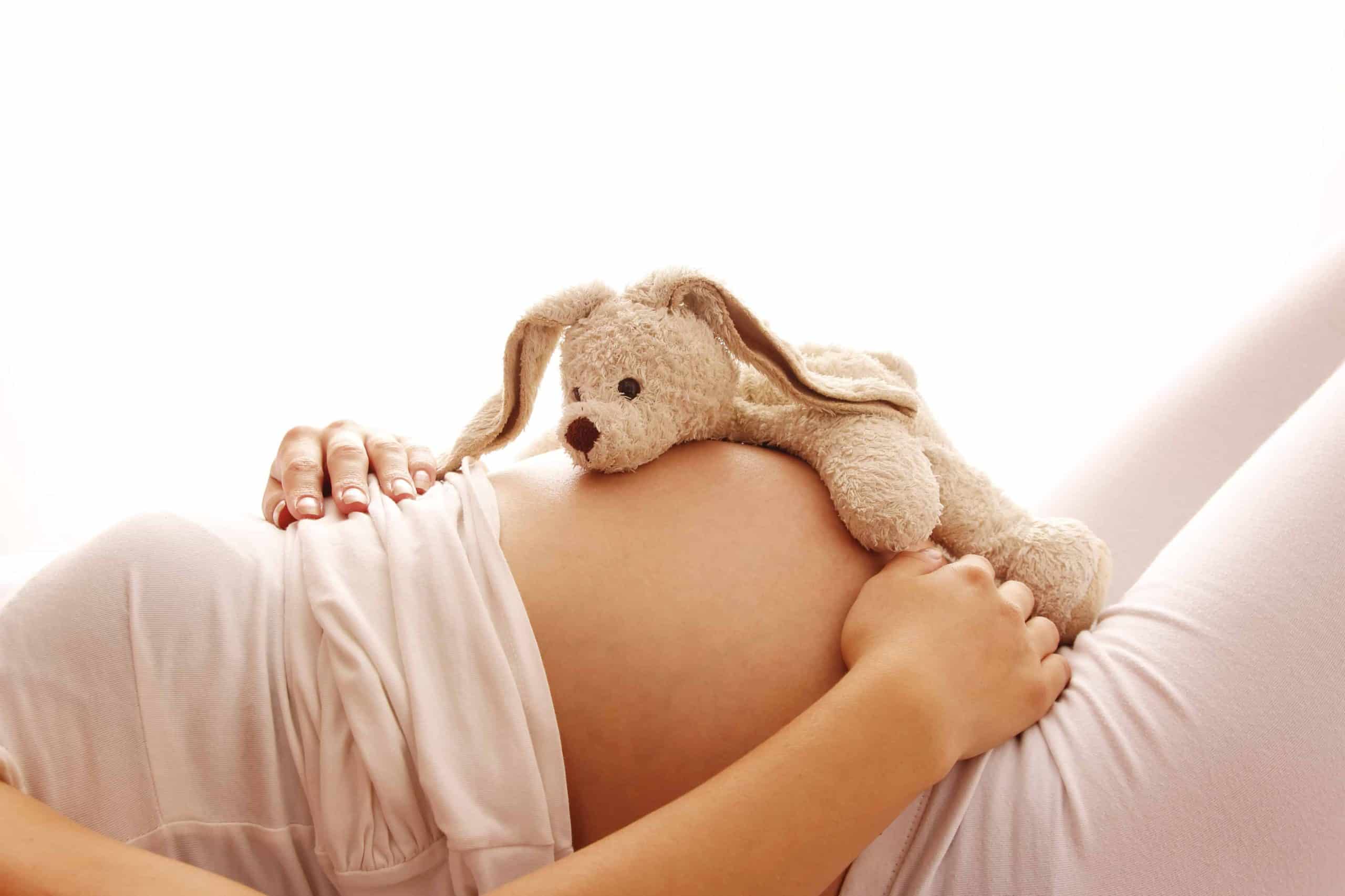 a pregnant woman with a bunny toy on the belly