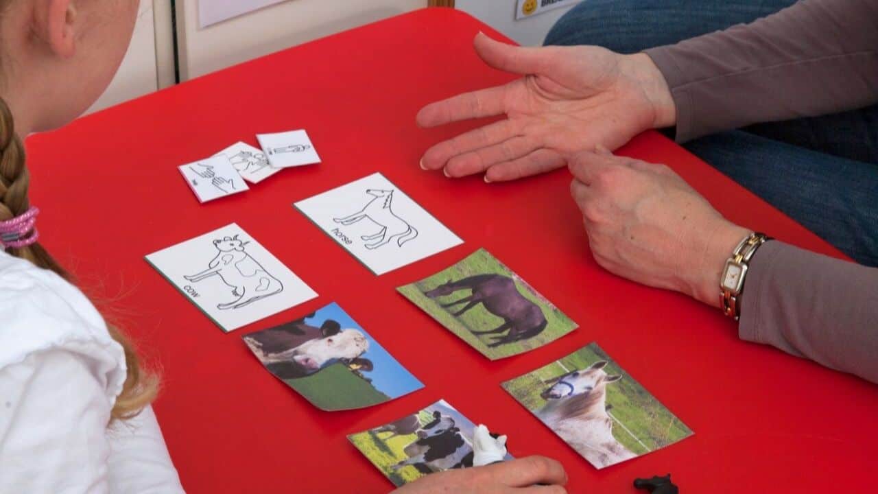 Woman showing a child animal pictures