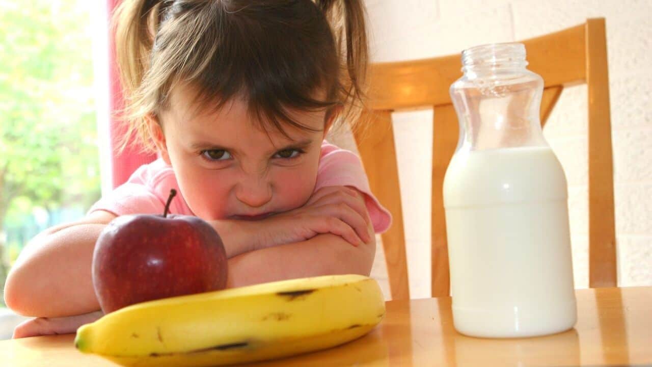Young girl showing frustration, not wanting to eat fruit or drink milk