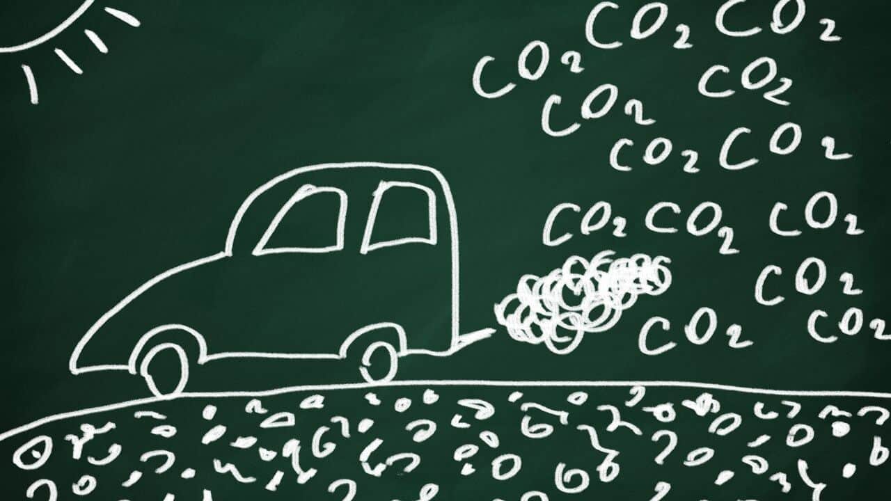 Painting of car emissions on a dark green board