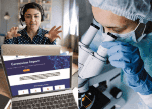 Image of laptop, woman having a online call and doctor doing the analysis